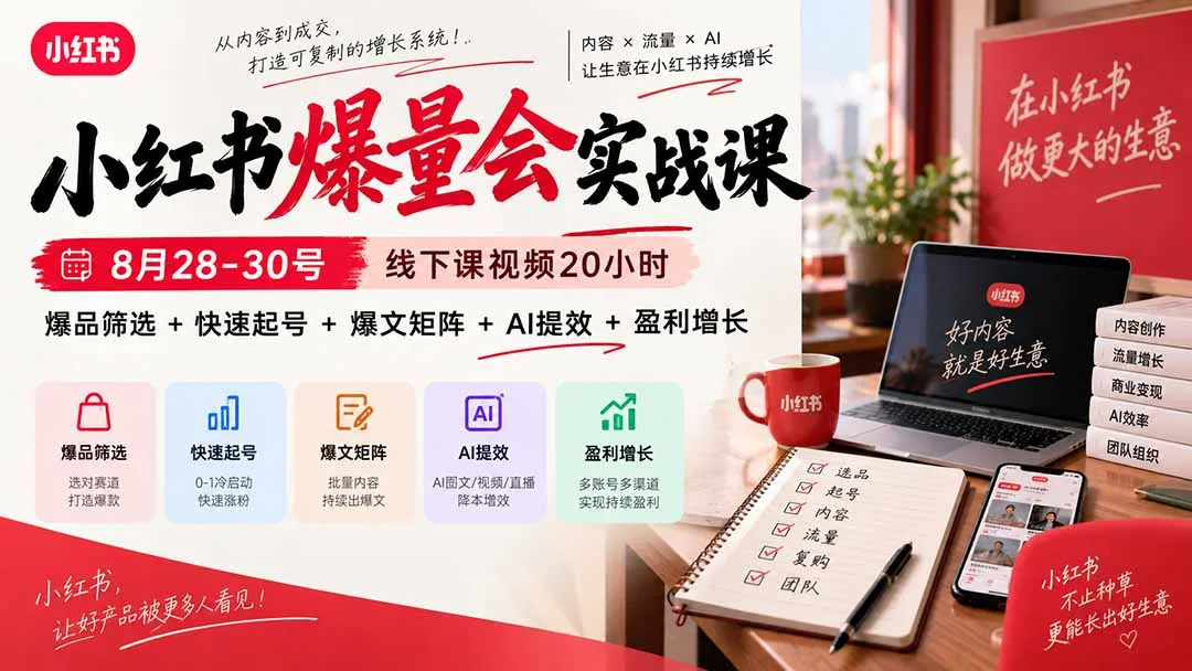 小红书爆量会实战课:8月28-30号线下课视频20小时,爆品筛选+快速起号+爆文矩阵+AI提效+盈利增长