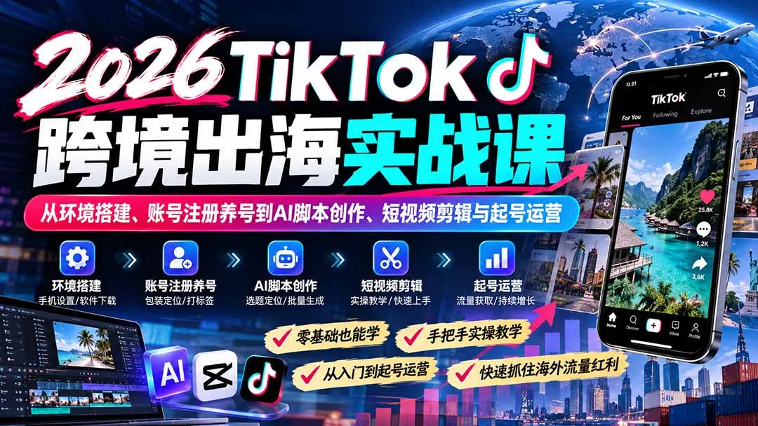 2026TikTok跨境出海实战课：从环境搭建、账号注册养号到AI脚本创作、短视频剪辑与起号运营