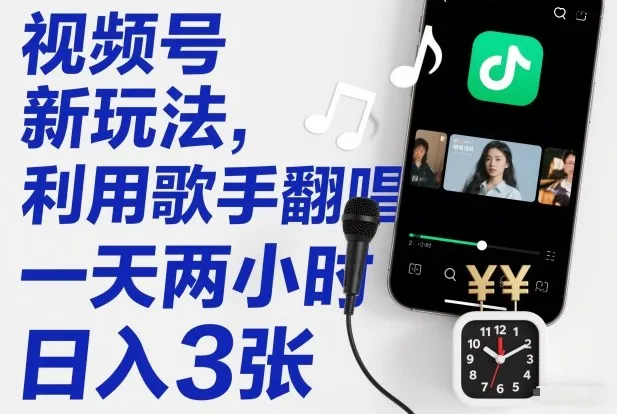 视频号新玩法，利用歌手翻唱，一天两小时，日入3张