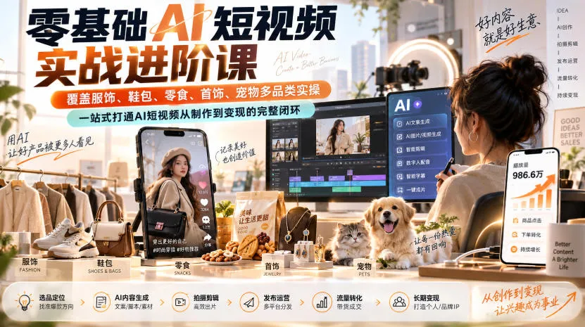 零基础AI短视频实战进阶课，覆盖服饰、鞋包、零食、首饰、宠物多品类实操，一站式打通AI短视频从制作到变现的完整闭环