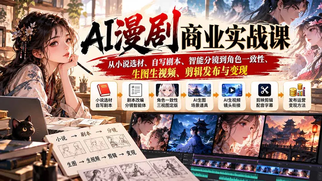 AI漫剧商业实战课:从小说选材、自写剧本、智能分镜到角色一致性、生图生视频、剪辑发布与变现
