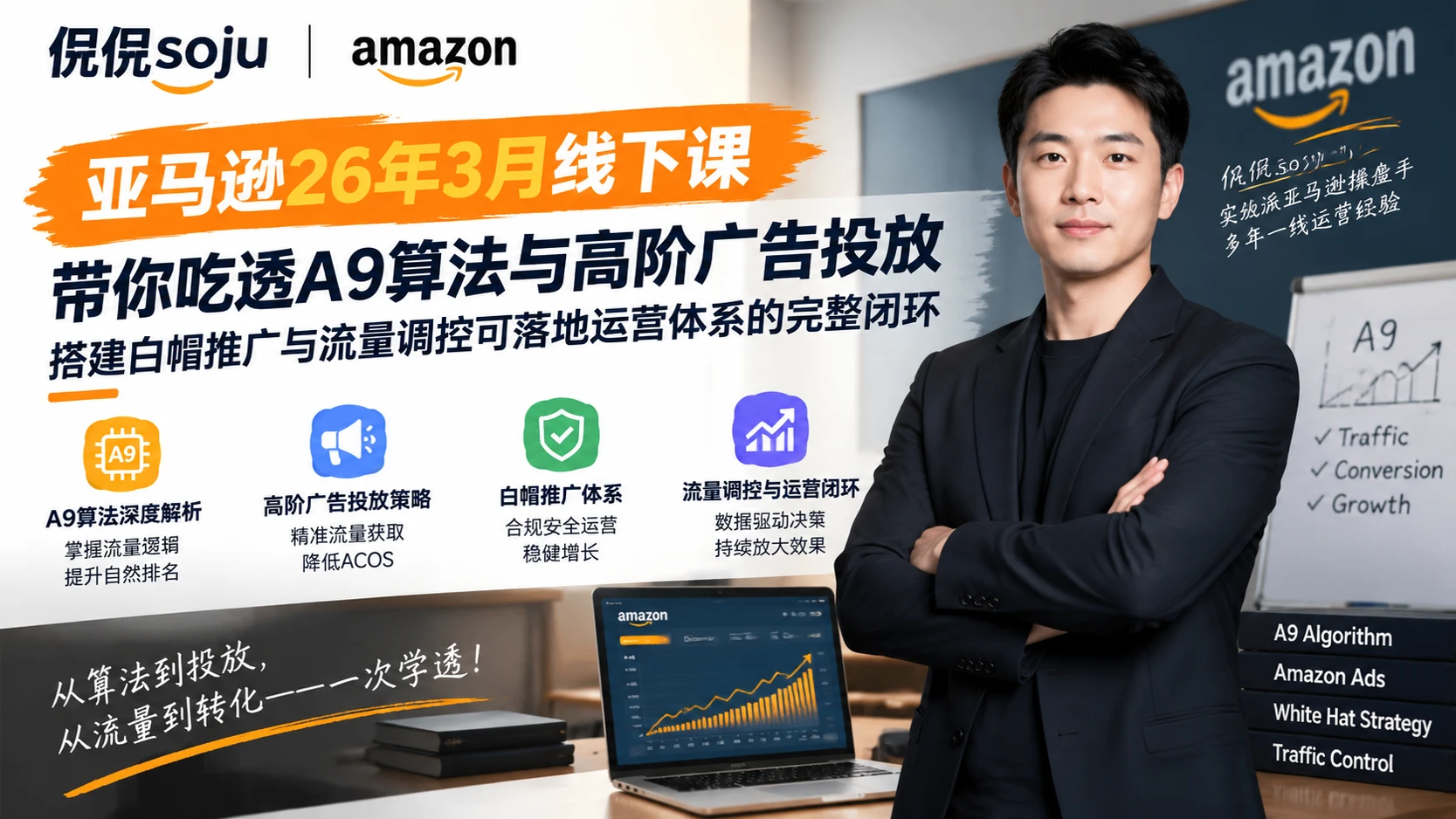 【精】侃侃soju亚马逊26年3月线下课,带你吃透A9算法与高阶广告投放,搭建白帽推广与流量调控可落地运营体系的完整闭环
