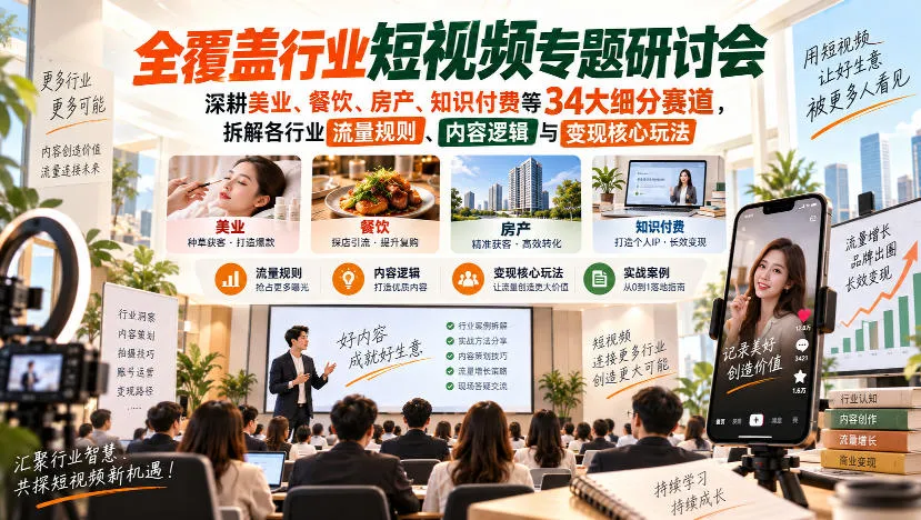 短视频专题研讨会,深耕美业、餐饮、房产、知识付费等34大细分赛道,拆解各行业流量规则、内容逻辑与变现核心玩法(更新1011)