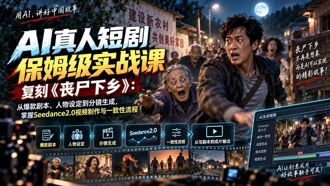 AI真人短剧保姆级实战课，复刻《丧尸下乡》：从爆款剧本、人物设定到分镜生成，掌握Seedance2.0视频制作与一致性流程