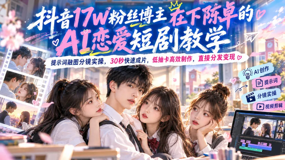 【精】抖音17W粉丝博主在下陈卓的AI恋爱短剧教学,提示词融图分镜实操,30秒快速成片,低抽卡高效制作,直接分发变现