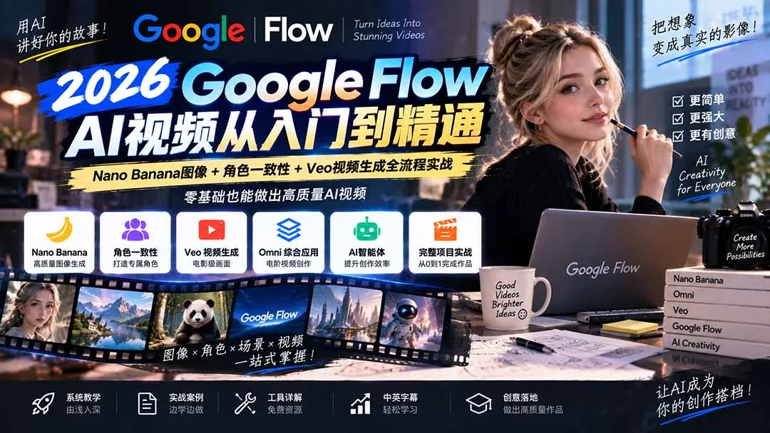 【无水印】Google Flow AI视频从入门到精通:Nano Banana图像+角色一致性+Veo视频生成全流程实战-精翻中英字幕