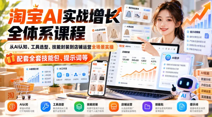 淘宝AI实战增长全体系课程,从AI认知、工具选型、技能封装到店铺运营全场景实操,配套全套技能包、提示词等
