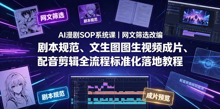 AI漫剧SOP系统课｜网文筛选改编、剧本规范、文生图图生视频成片、配音剪辑全流程标准化落地教程（更新）