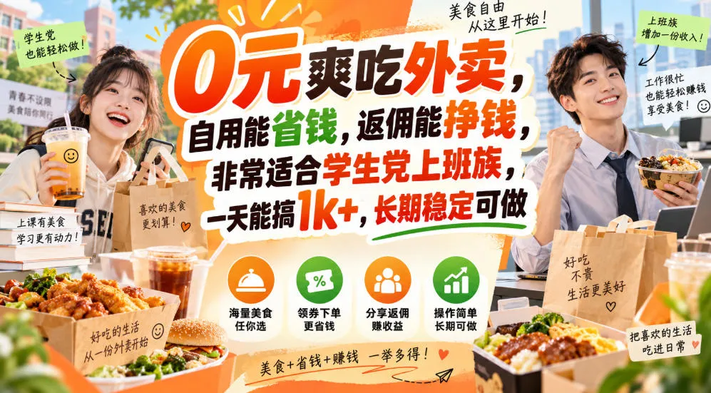 0元爽吃外卖，自用能省钱，返佣能挣钱，非常适合学生党上班族，一天能搞1k+，长期稳定可做