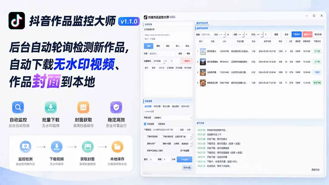 抖音作品监控大师v1.1.0：后台自动轮询检测新作品，自动下载无水印视频、作品封面到本地