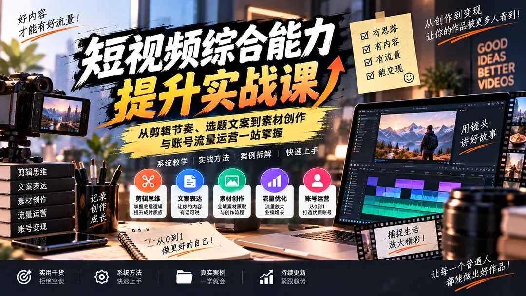 短视频综合能力提升实战课:从剪辑节奏、选题文案到素材创作与账号流量运营一站掌握