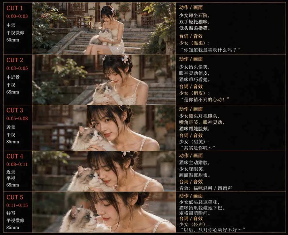 （18909期）美女和猫故事提示词，人物一致性提示词+故事板