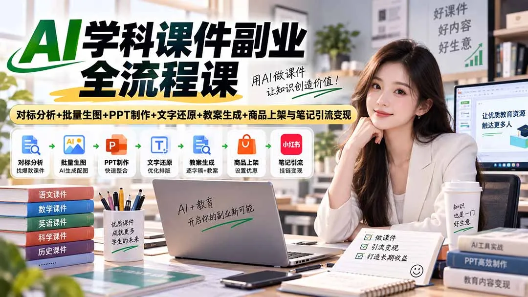 AI学科课件副业全流程课|对标分析+批量生图+PPT制作+文字还原+教案生成+商品上架与笔记引流变现