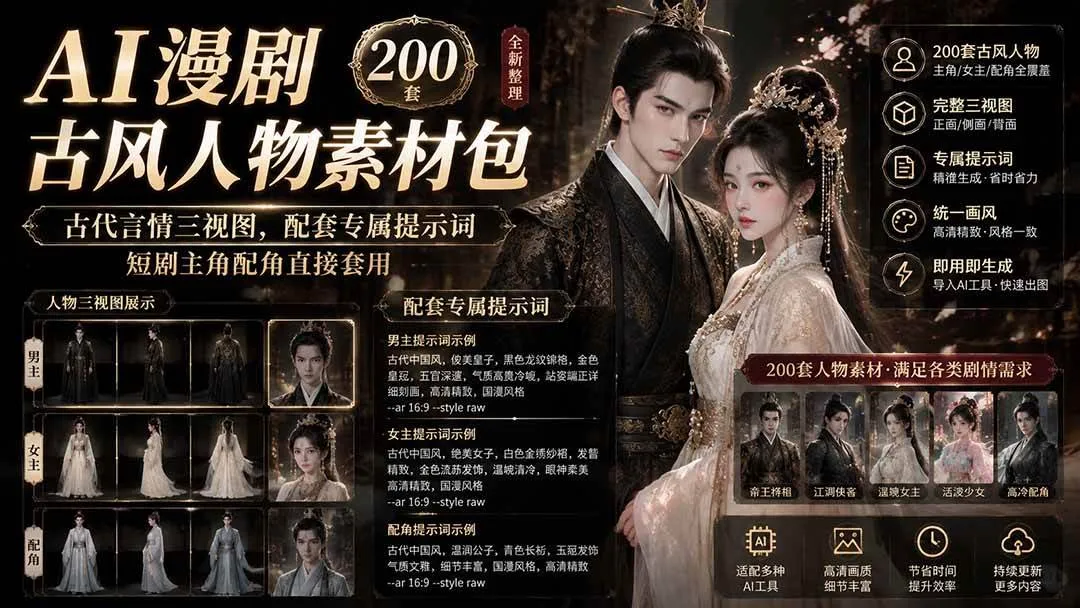 (19693期)AI漫剧古风人物素材包+提示词|200 套古代言情三视图,配套专属提示词短剧主角配角直接套用 (19693期)AI漫剧古风人物素材包+提示词|200 套古代言情三视图,配套专属提示词短剧主角配角直接套用