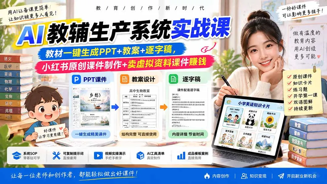 AI教辅生产系统实战课｜教材一键生成PPT+教案+逐字稿，小红书原创课件制作+卖虚拟资料课件赚钱