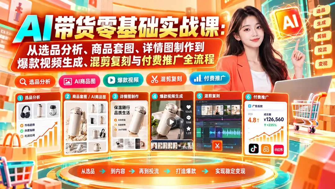 AI带货零基础实战课:从选品分析、商品套图、详情图制作到爆款视频生成、混剪复刻与付费推广全流程