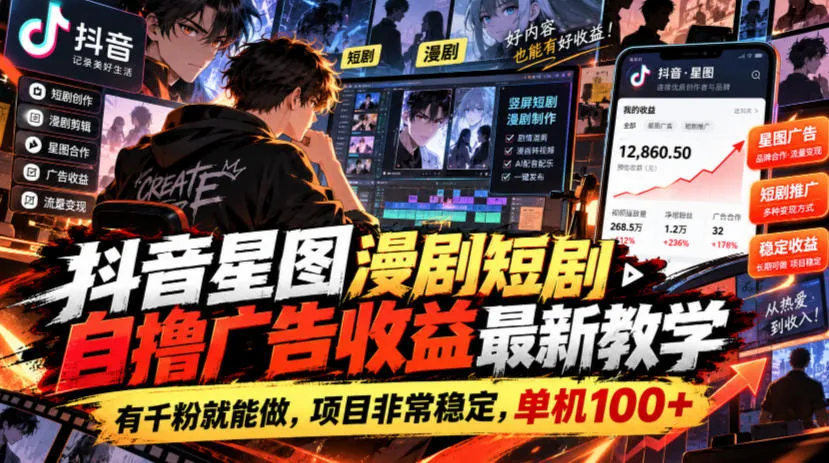 抖音星图漫剧短剧自撸广告收益最新教学,有千粉就能做,项目非常稳定,单机100+