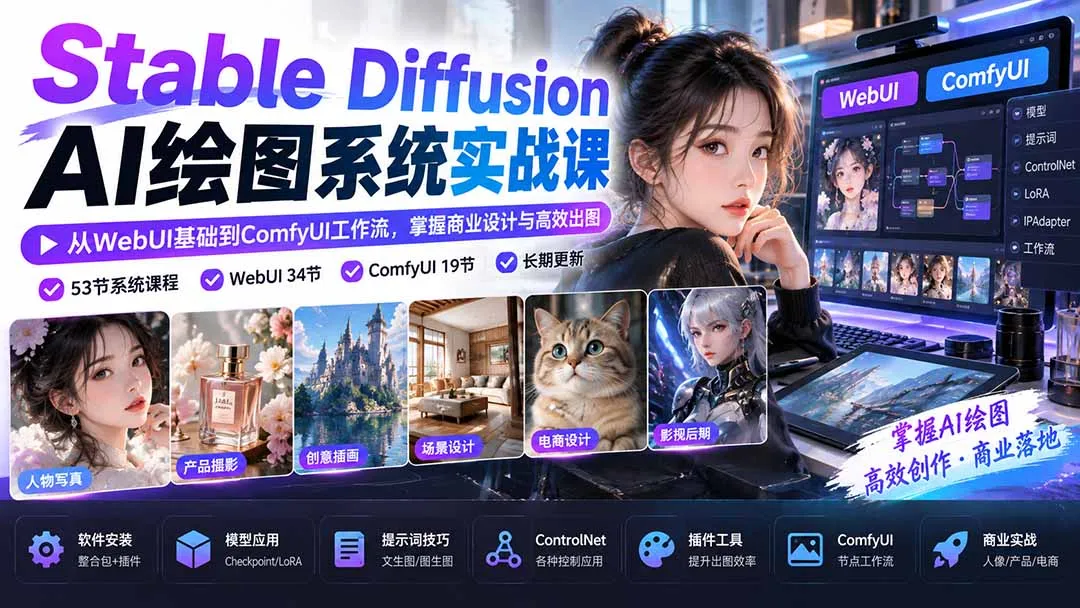 【无水印】Stable Diffusion AI绘图系统实战课:从WebUI基础到ComfyUI工作流,掌握商业设计与高效出图