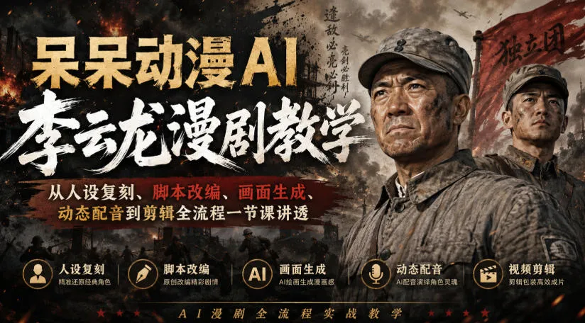 呆呆动漫AI李云龙漫剧教学，从人设复刻、脚本改编、画面生成、动态配音到剪辑全流程一节课讲透