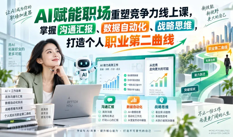 AI赋能职场重塑竞争力线上课，掌握沟通汇报、数据自动化、战略思维，打造个人职业第二曲线