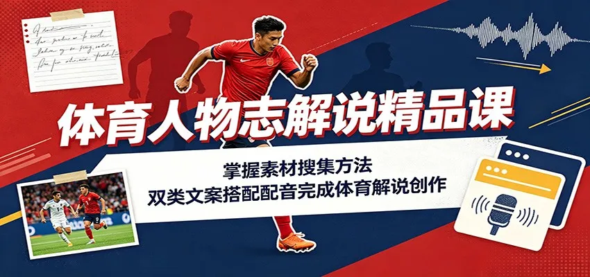 体育人物志解说精品课:掌握素材搜集方法,双类文案搭配配音完成体育解说创作