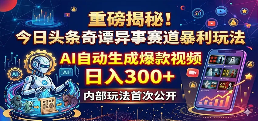 重磅揭秘！今日头条奇谭异事赛道暴利玩法：AI自动生成爆款视频，日入300+