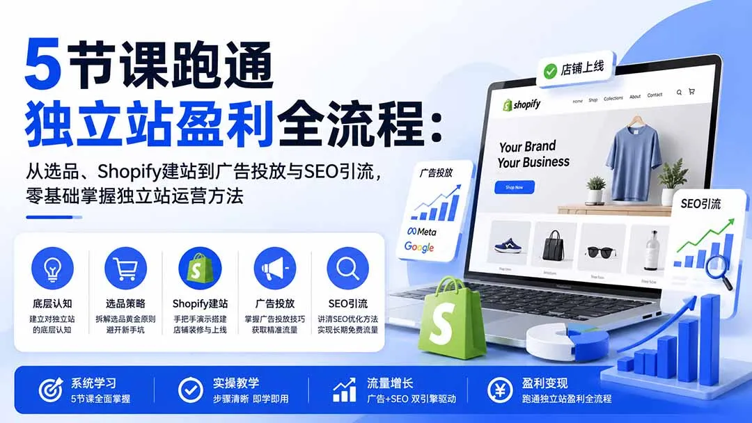 5节课跑通独立站盈利全流程:从选品、Shopify建站到广告投放与SEO引流,零基础掌握独立站运营方法