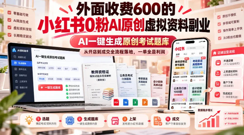 外面收费600的小红书0粉AI原创虚拟资料副业,AI一键生成原创考试题库,从开店到成交全流程落地,一单全是利润