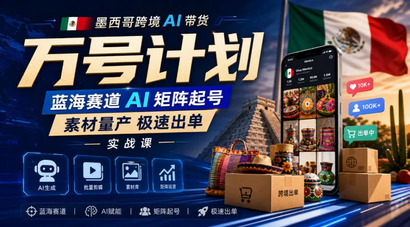 墨西哥跨境AI带货万号计划,蓝海赛道AI矩阵起号,素材量产极速出单实战课