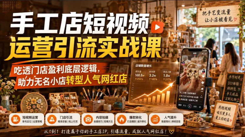 手工店短视频运营引流实战课，吃透门店盈利底层逻辑，助力无名小店转型人气网红店