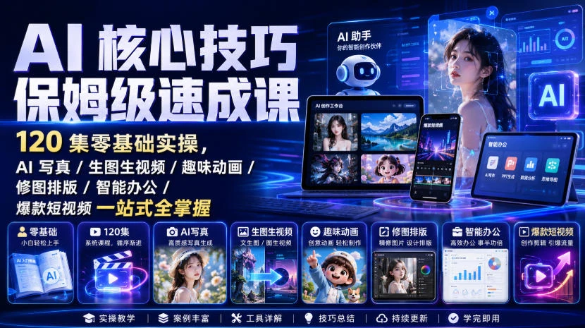 【精】AI核心技巧保姆级速成课｜120集零基础实操，AI写真/生图生视频/趣味动画/修图排版/智能办公/爆款短视频一站式全掌握（更新）