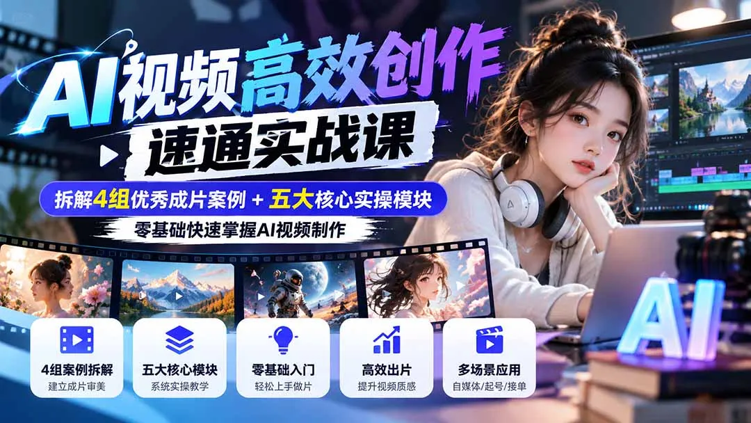 【无水印】AI视频高效创作速通实战课:拆解4组优秀成片案例+五大核心实操模块,零基础快速掌握AI视频制作