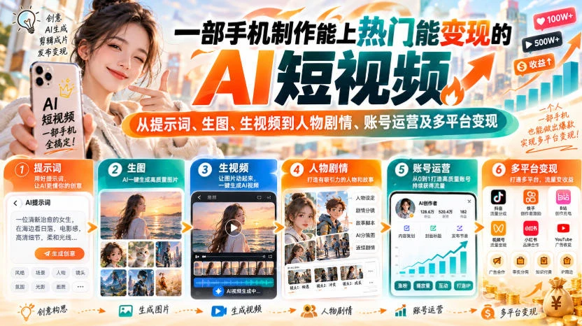 【精】一部手机制作能上热门能变现的AI短视频,从提示词、生图、生视频到人物剧情、账号运营及多平台变现