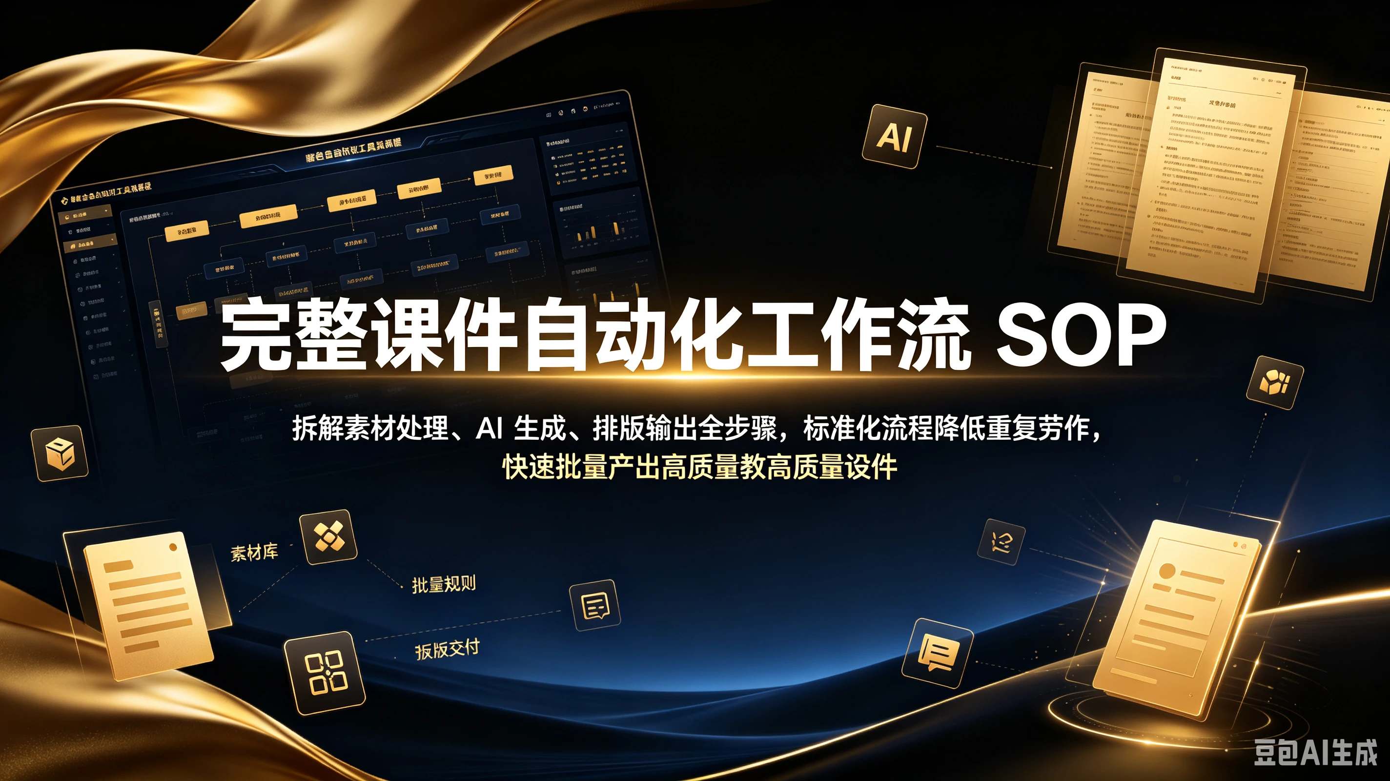 【精】完整课件自动化工作流 SOP,拆解素材处理、AI 生成、排版输出全步骤,标准化流程降低重复劳作,快速批量产出高质量教学课件。