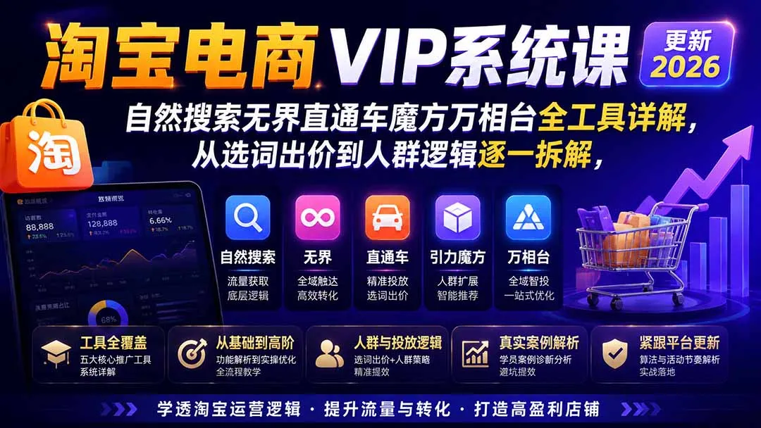 2026淘宝电商终局之战VIP课-更新1022：自然搜索+直通车+无界+精准人群，系统掌握测款动销与全店推广布局方法