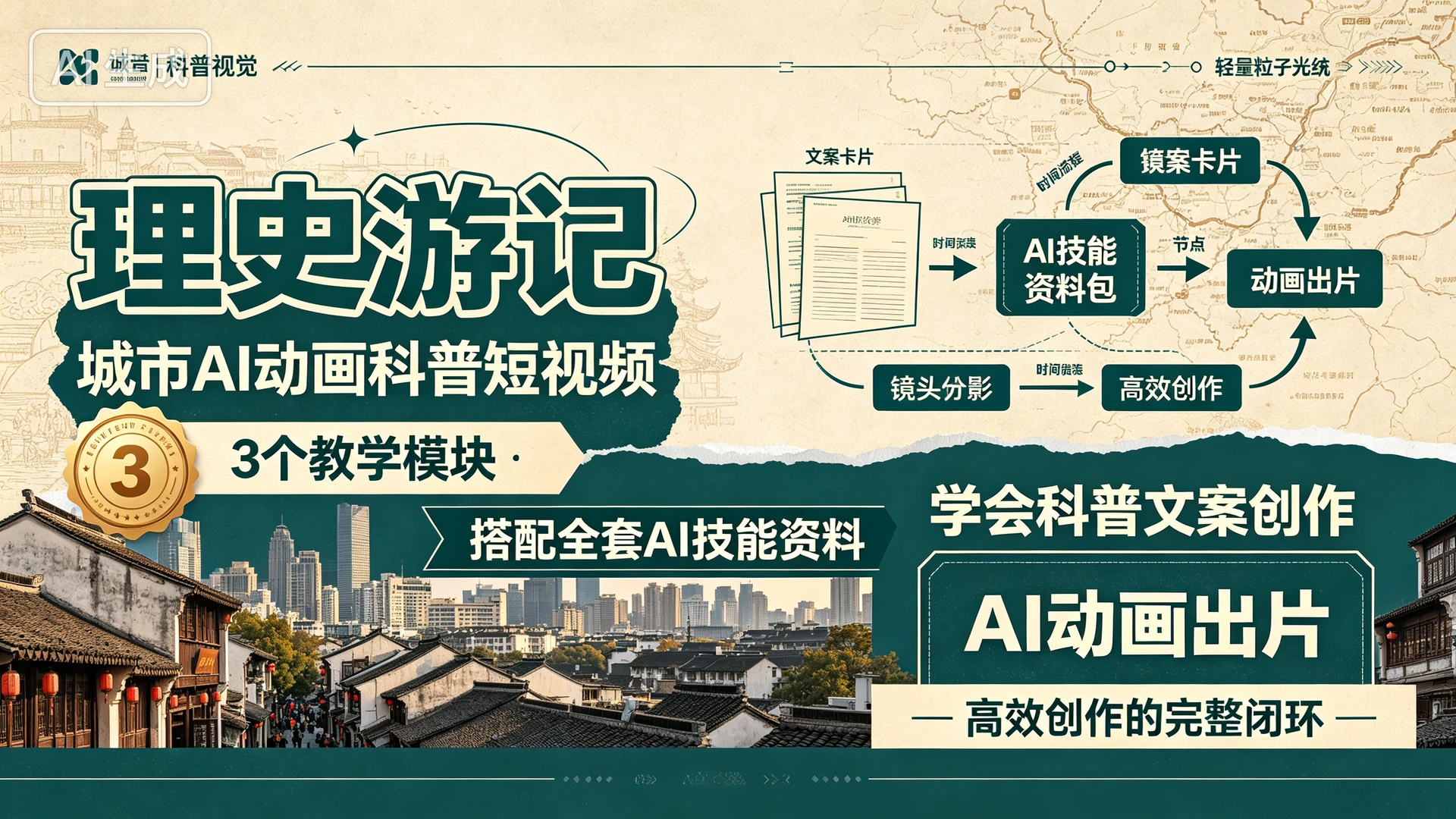 理史游记 – 城市AI动画科普短视频，带你通过3个教学模块搭配全套AI技能资料，学会科普文案创作与AI动画出片实现高效创作的完整闭环