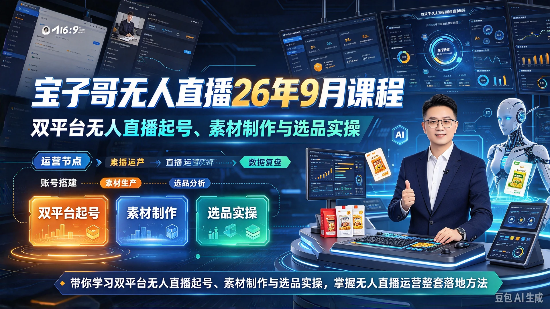 【精】宝子哥无人直播26年9月课程,带你学习双平台无人直播起号、素材制作与选品实操,掌握无人直播运营整套落地方法