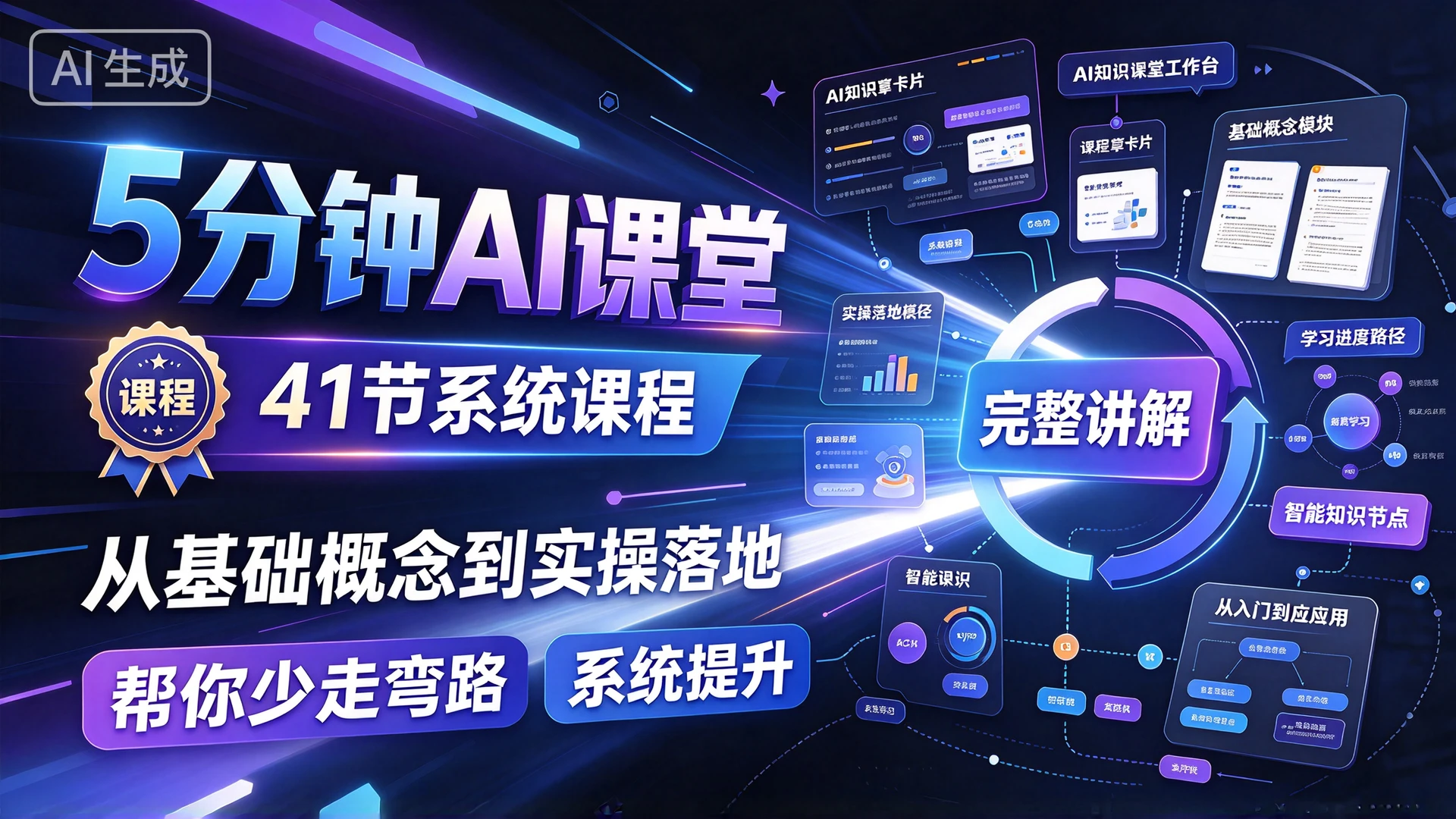 【精】《5分钟AI课堂，41 节系统课程，从基础概念到实操落地完整讲解，帮你少走弯路系统提升