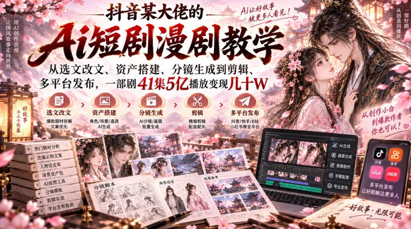 抖音某大佬的Ai短剧漫剧教学，从选文改文、资产搭建、分镜生成到剪辑、多平台发布，一部剧41集5亿播放变现几十W