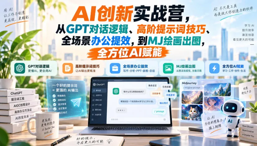 AI创新实战营，从GPT对话逻辑、高阶提示词技巧、全场景办公提效，到MJ绘画出图，全方位AI赋能