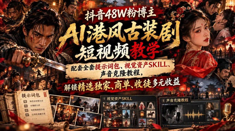 抖音48W粉博主AI港风古装剧短视频教学,配套全套提示词包、视觉资产SKILL、声音克隆教程,解锁精选独家、商单、收徒多元收益