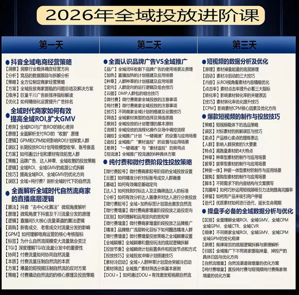 【精】千川扫地僧2026抖音全域投放进阶课，少走弯路·快速起量·掌控增长，6月12-14号杭州线下课