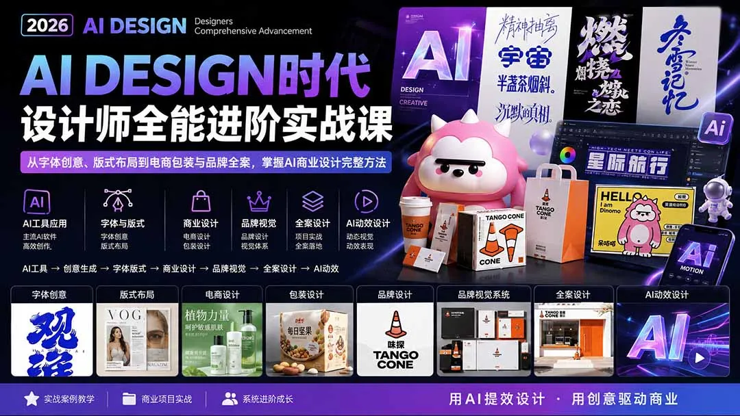 2026AI DESIGN时代设计师全能进阶实战课:从字体创意、版式布局到电商包装与品牌全案,掌握AI商业设计完整方法