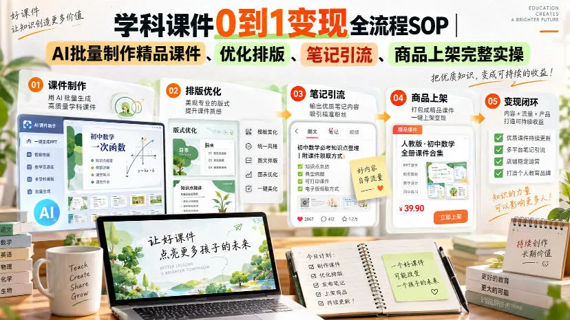学科课件0到1变现全流程SOP｜AI批量制作精品课件、优化排版、笔记引流、商品上架完整实操