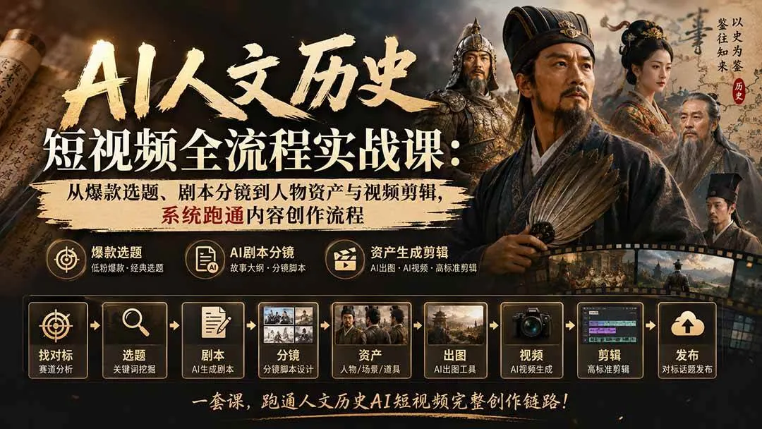 【精】AI人文历史短视频全流程实战课:从爆款选题、剧本分镜到人物资产与视频剪辑,系统跑通内容创作流程