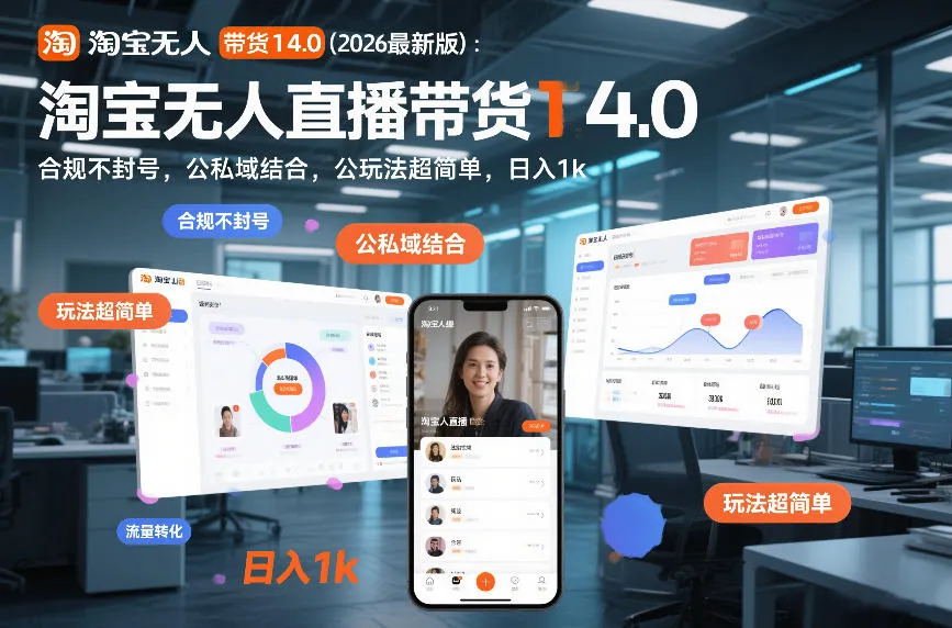 淘宝无人直播带货14.0（2026最新版）：合规不封号，公私域结合，玩法超简单，日入1k+【揭秘】