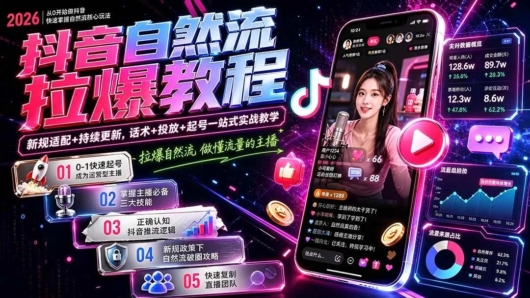【精】抖音自然流拉爆教程-更新8月：做懂流量的主播，新规适配+持续更新，话术+投放+起号一站式实战教学