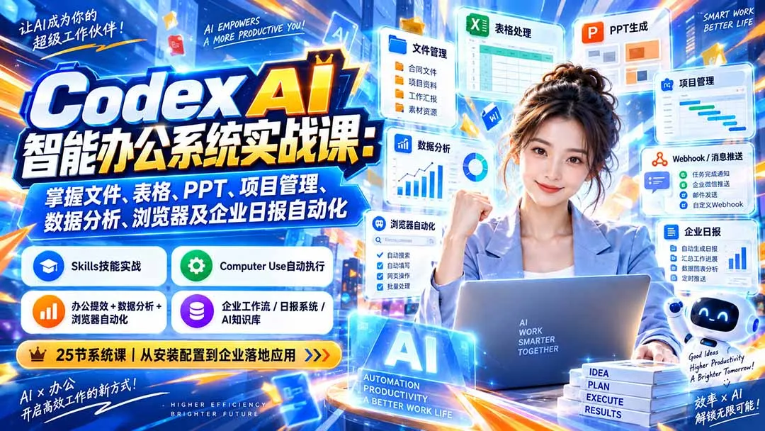 Codex AI智能办公系统实战课:掌握文件、表格、PPT、项目管理、数据分析、浏览器及企业日报自动化