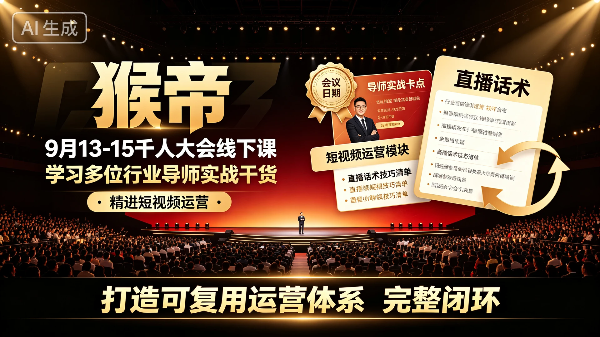 【精】猴帝9月13-15千人大会线下课,带你学习多位行业导师实战干货,精进短视频运营与直播话术打造可复用运营体系的完整闭环