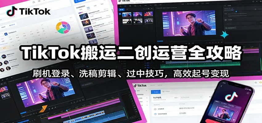 TikTok搬运二创运营全攻略：刷机登录、洗稿剪辑 、过中技巧，高效起号变现